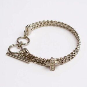 Clear Crystal Stud on silver Tone Cross twisted link Toggle Clasp Bracelet